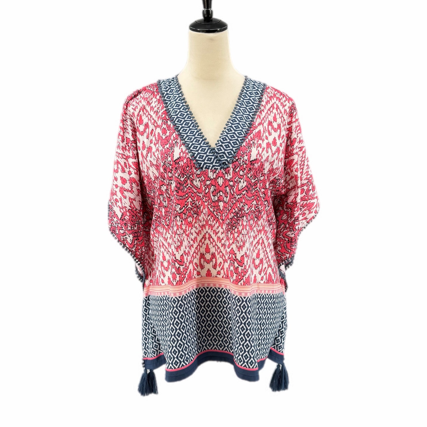 Jade S/M Melody Tam Pink Navy Pattern Boho Tassel V-Neck Short Sleeve Poncho Top